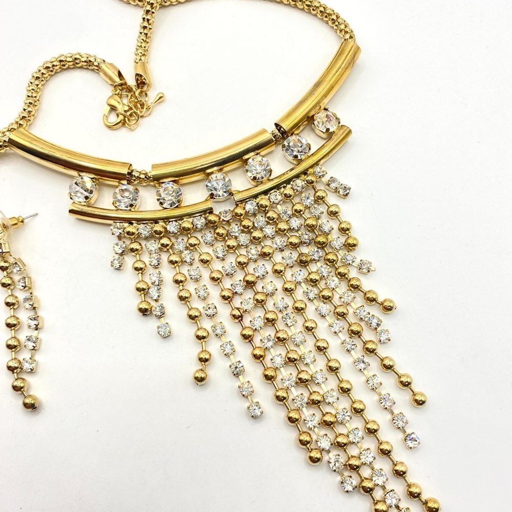 Gold Tone Sparkly Rhinestone Statement Necklace and Earrings Set - Picture 3 of 11